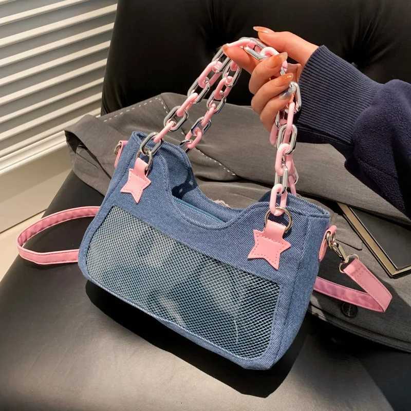 Vintage Shoulder Underarm Fashion Star Design Tote Denim Crossbody Bag Women Chain Zip Purses and Handbags M251216