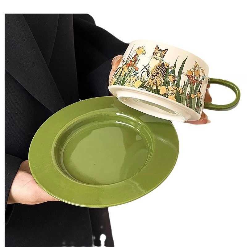 Cat Oil Painting Style Ceramic Cup Vintage Hand-painted Mocha Afternoon Tea Set Breakfast Oat Cup Heat-resistant Coffee Cups H251215