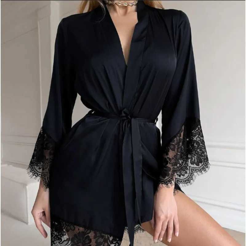 Womens Sexy Night Gown Robe V-Neck Satin Lace Bathrobe Half Sleeve Nightdress Female French Sexy Silky Satin Sleepwear C251216