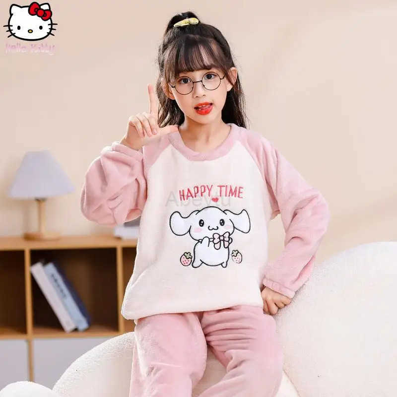 Sanrio Kawaii Girls Hello Kitty Kuromi Clothing Warm Pajamas Set Cartoon Anime New Boy Parent Child Thickened Home Clothes Sweet H251216
