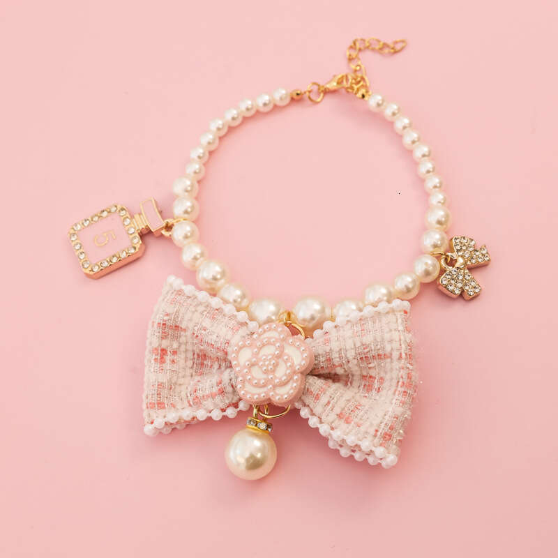 Pearl Pet Necklace Cat Dog Collar Small Fragrance & Style Bowknot Vintage Noble Lady Camellia Rhinestone Decoration