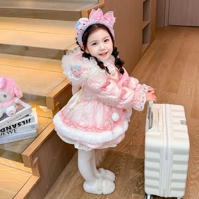 Sanrio Anime My Melody Girl Lolita Long Down Jacket Dress Kid Winter Thick Coat Bow Decoration Birthday Dress Velvet Top Festival Gift H251216