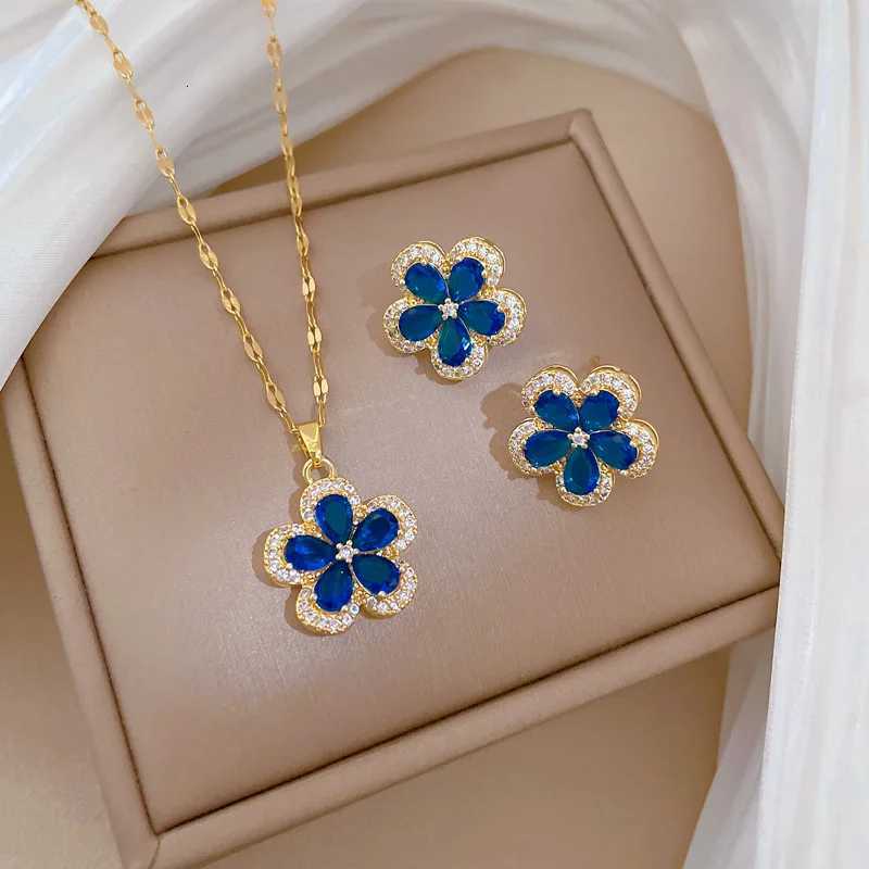 Luxury Sweet Pink Blue Zircon Flower Necklace Stud Earrings for Women Stainless Steel Chain Party Wedding Jewelry Sets Gifts M251216