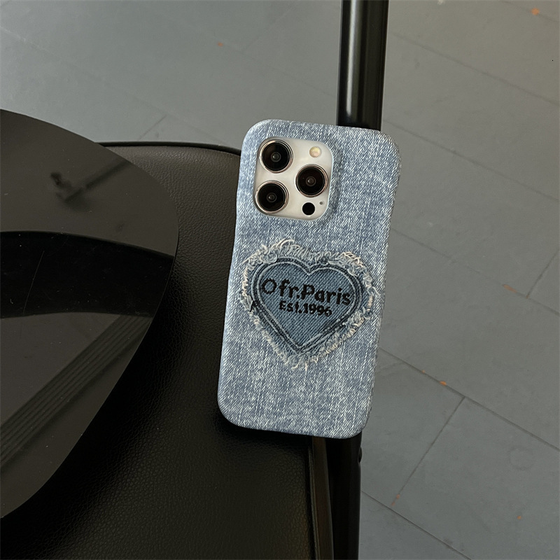 Denim Embroidered Heart English Suitable iPhone 17 Pro Max Apple 16/15 Retro Phone Case 13/14 for Women