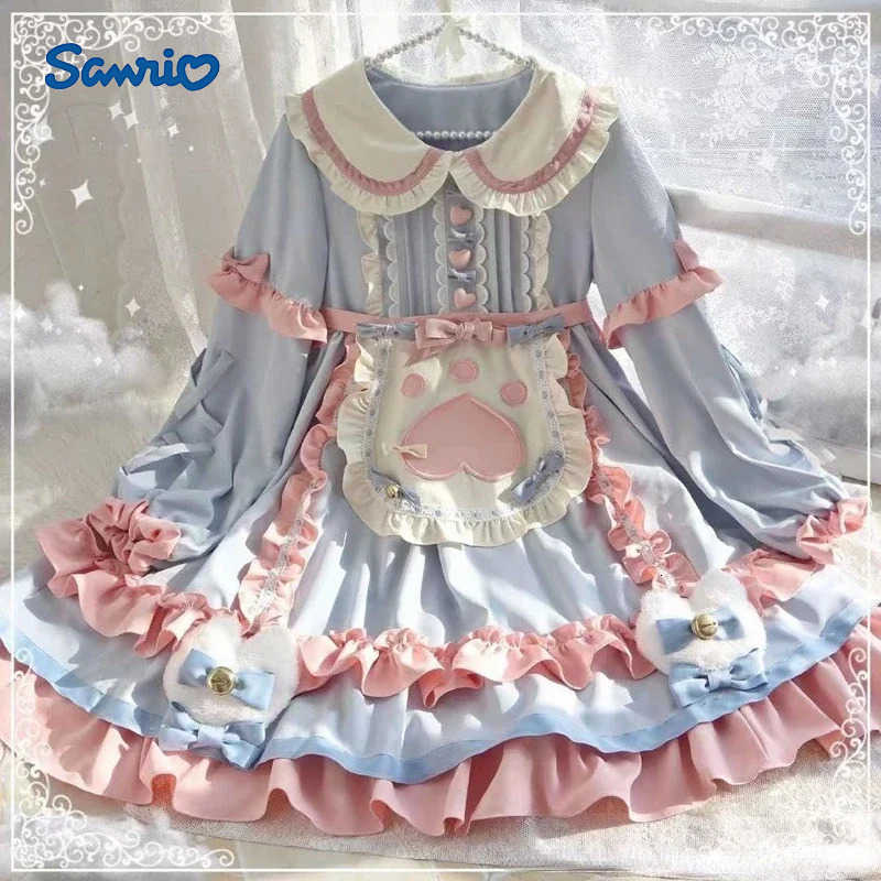 Sanrio 2025 Princess Dresses Peter Pan Collar Puff Sleeve Bow Ruffles Patchwork Dress Cosplay Costume Lolita Sweet Kawaii Girl QWE2025 H251216