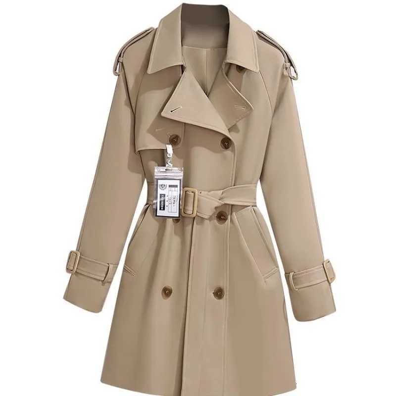 Trendy Womens Trench Coats New Spring Autumn High-end Mid-length Slim Outerwear Double-breasted Belt Long Sleeves WindbreakerT251216