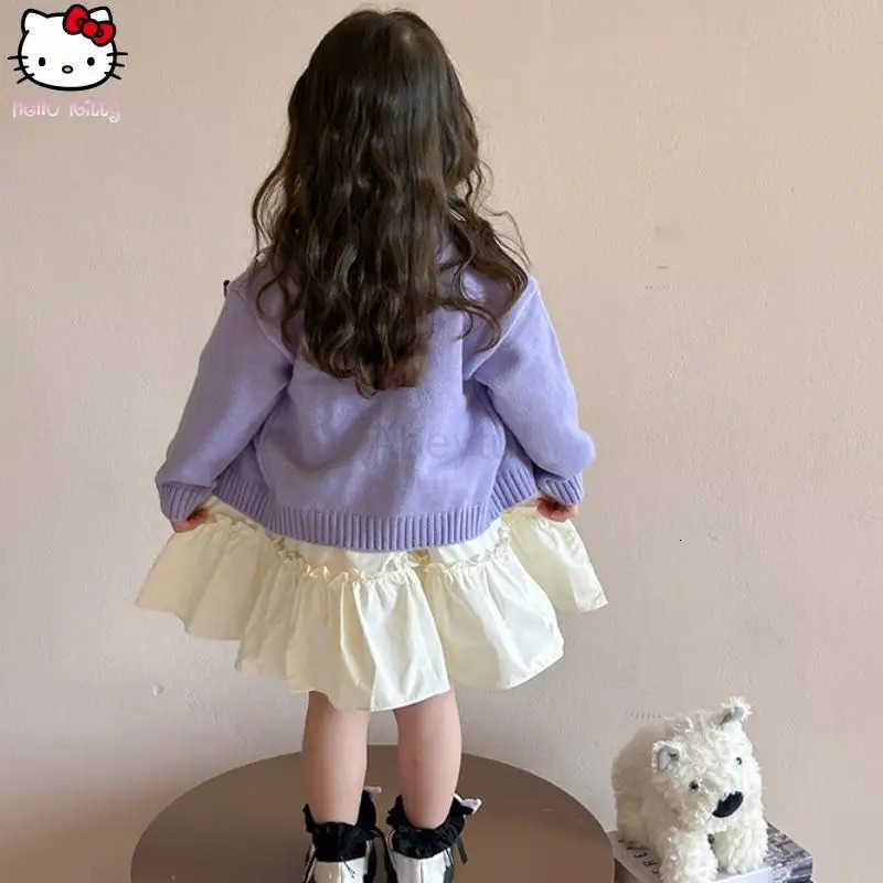 Sanrio Girls Kuromi Knitted Jacket Ruffled Dress Suit Kawaii Spring and Autumn New Cartoon Girls Clothing Anime Sweater Dress H251216