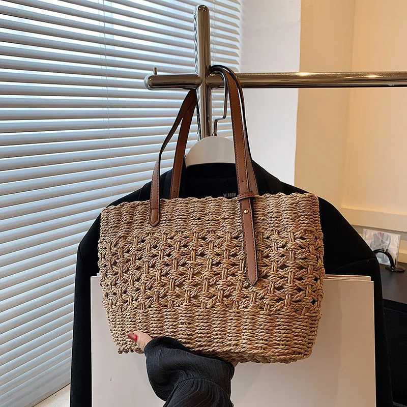 Solid Color Large Capacity Womens Beach Vacation Bag Top Handle Grass Woven Tote Bag Summer Basket Handbag M251216