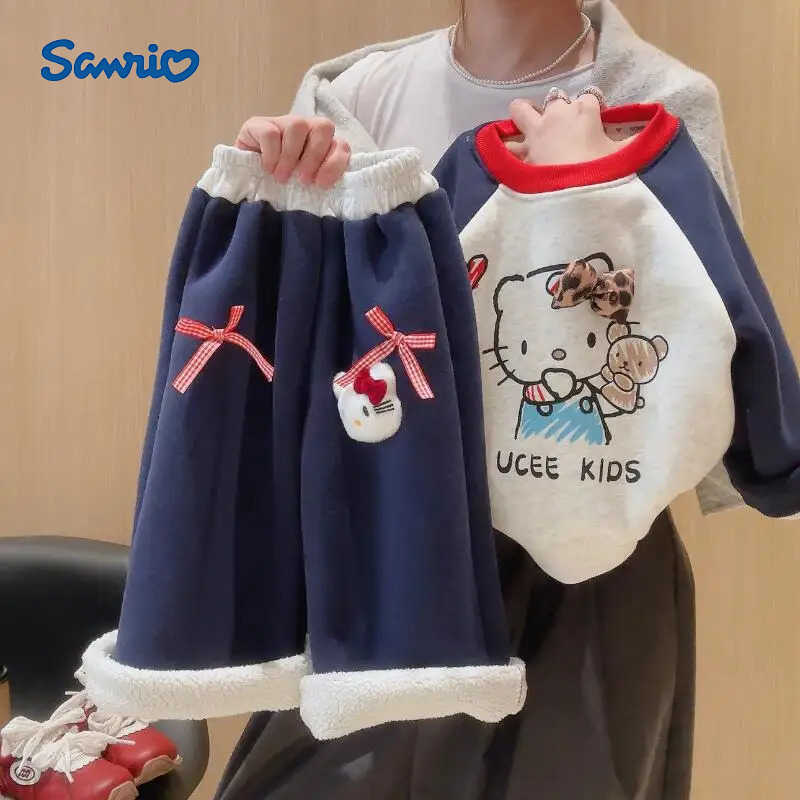 Sanrio Hot Hello Kitty Kids Cotton Sweatshirt Pants Sets Children Cartoon Kawaii Coat Pants Thickened Autumn/winter Clothes New H251216