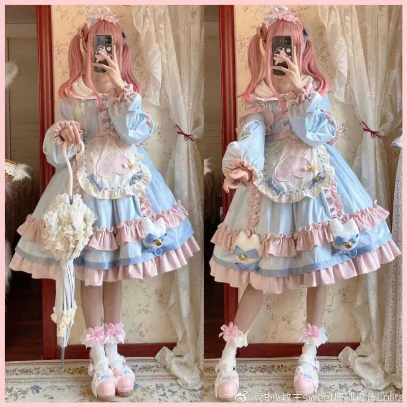 Sanrio 2025 Princess Dresses Peter Pan Collar Puff Sleeve Bow Ruffles Patchwork Dress Cosplay Costume Lolita Sweet Kawaii Girl QWE2025 H251216