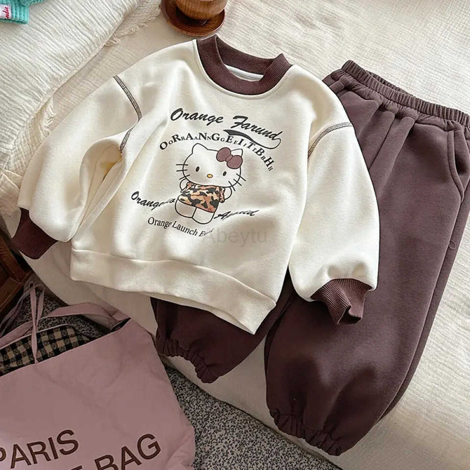 Sanrio Hello Kitty Childrens Clothing Cute Girls Hoodies and Sweatpants Two-Piece Set Fleece-Lined Winter Outdoor Versatile H251216