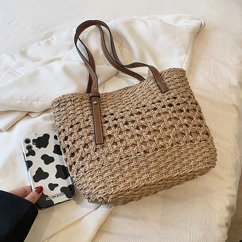 Solid Color Large Capacity Womens Beach Vacation Bag Top Handle Grass Woven Tote Bag Summer Basket Handbag M251216