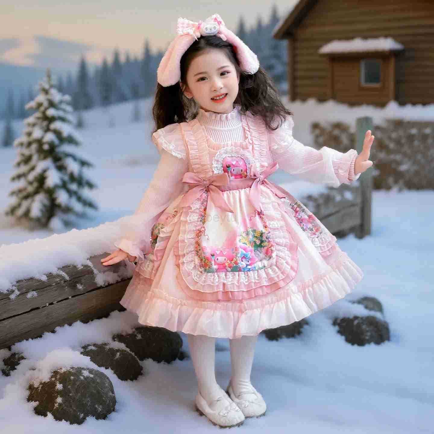 Sanrio Anime My Melody Girls Lolita Princess Dress Bow Decoration Party Dress Ruffled Tutu Skirt Layered Dress Ball Gown Festival Gift H251216