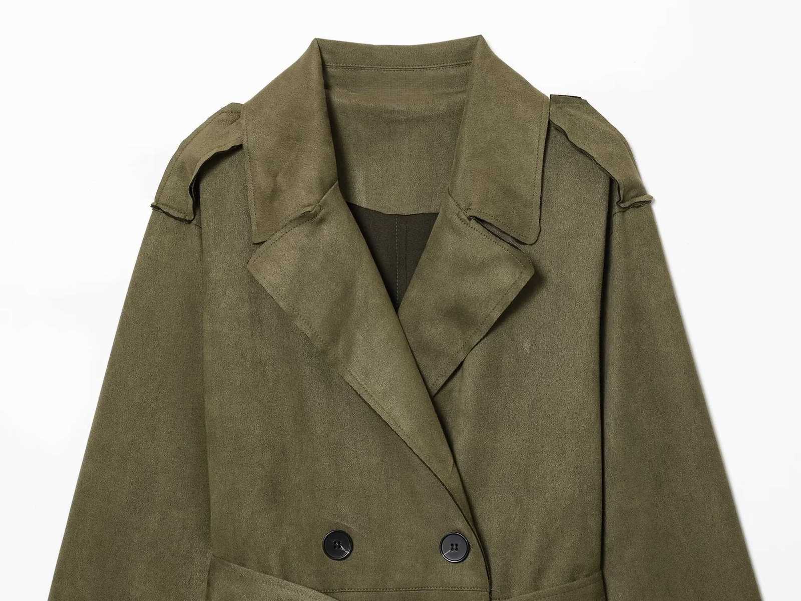 2025 Winter New Womens Casual Fashionable Simple Lapel Double-Breasted Long Trench Coat with Belt and SuedeT251216