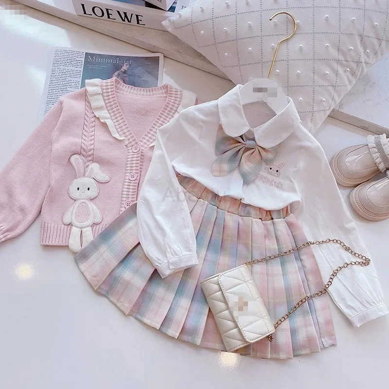 Sanrio Girls Jk Uniform Cartoon Rabbit Plaid Skirt Cardigan Sweater Kid Clothing Spring Autumn Kawaii Shirt Pleated Skirt 3Pcs H251216