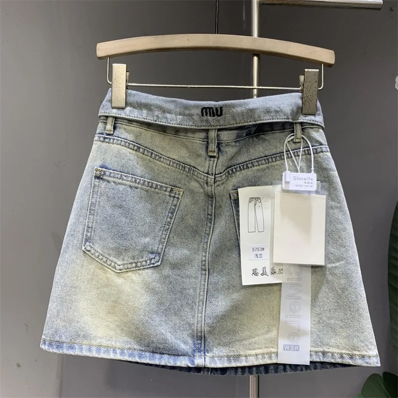 2026 Y2K Light Blue Denim Skirt High Waisted Bedazzled VNeck Mini for a Sweet Look 251216