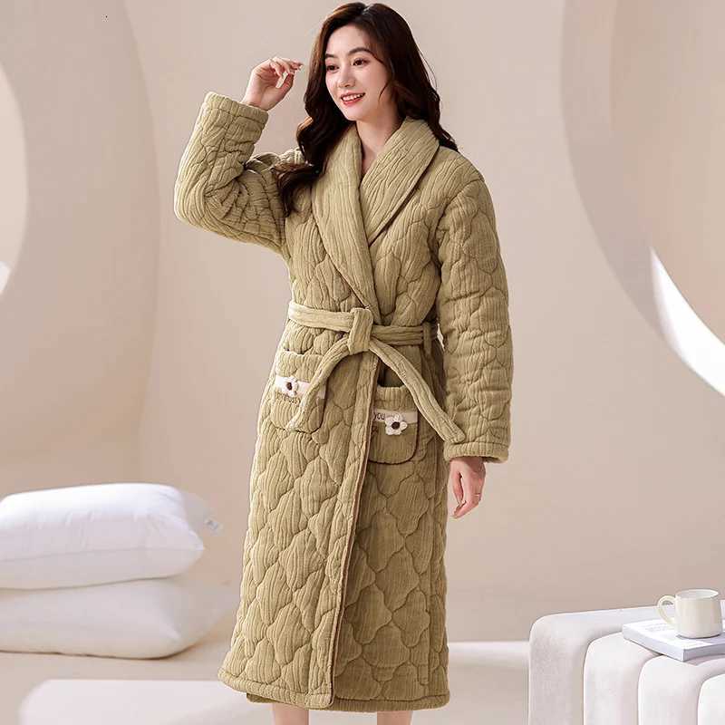 Winter 3 Layer Clip Cotton Robe Women Comfortable Pyjamas Female Bathrobe C251216