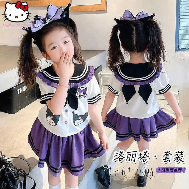 Sanrio Kuromi Melody Girl Kawaii Pleated Skirt Set Summer New Kids Cartoon Anime College Style Jk Uniform Sweet Princess Dress H251216