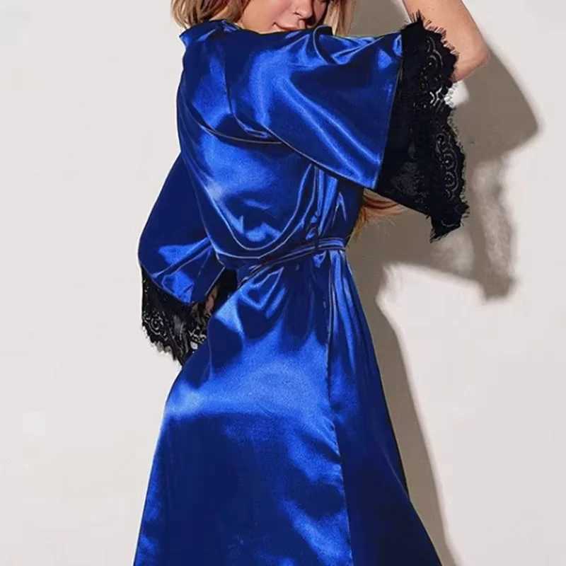 Women Night Gown Robe with G String Floral Lace Bathrobe Halt Sleeve Nightdress Female French Sexy Silky Satin Sleepwear C251216