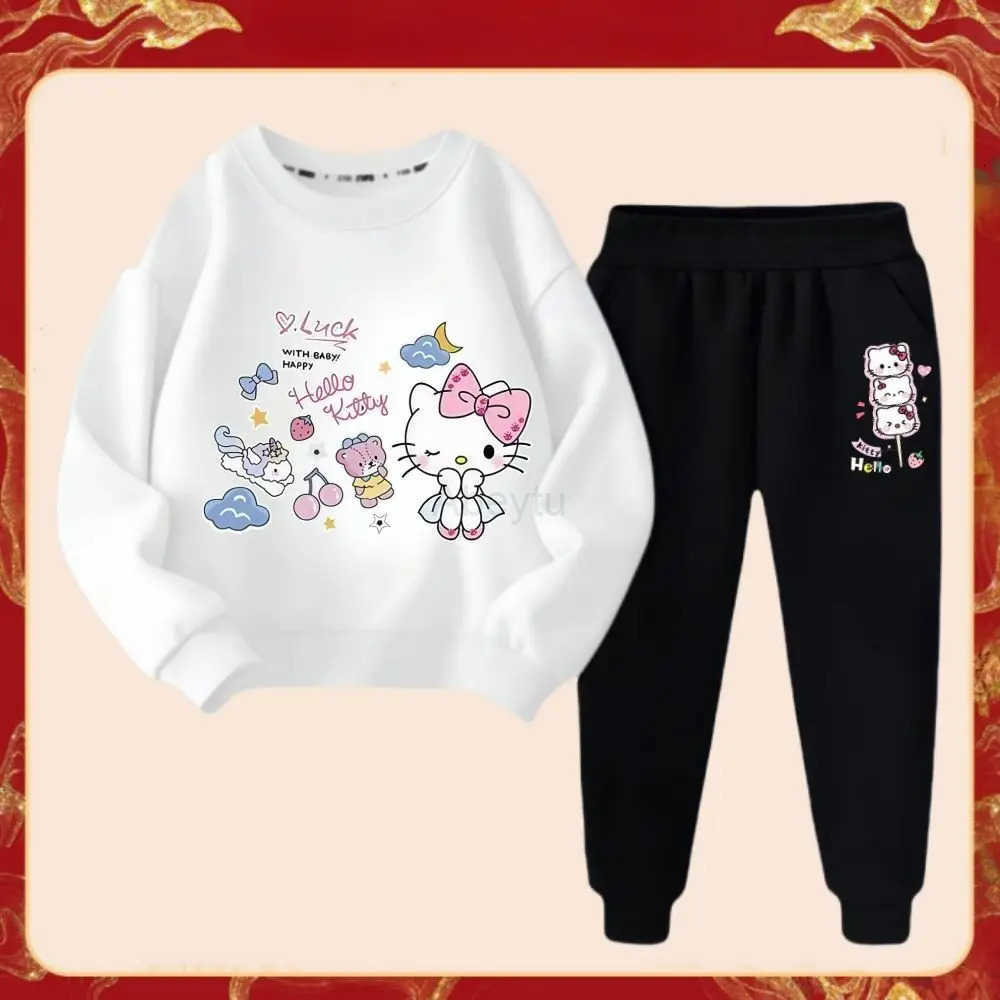Sanrio Spring Autumn Girls Fashion Clothes Sets Kids Cartoon Hello Kitty Print Sweater Pullover Tops Pants 2Pcs Outfit Tracksuit H251216
