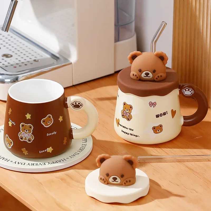 Kawaii Cup Cute Lovely Bear Ceramic g Large Capacity with Lid Coffee Cups Breakfast Milk gs Drinking with Straw Water Cup H251215