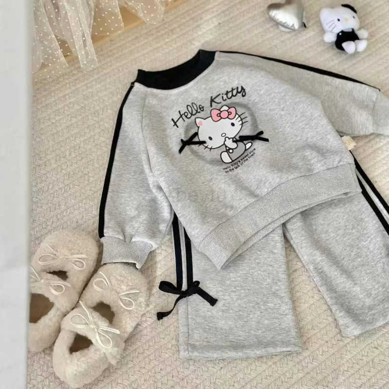 Sanrio Baby Girl Clothes Set Autumn Kid Hello Kitty Sweatshirts Pullover Bow Top Striped Pants 2pcs Suit Children Tracksuits Outfits H251216