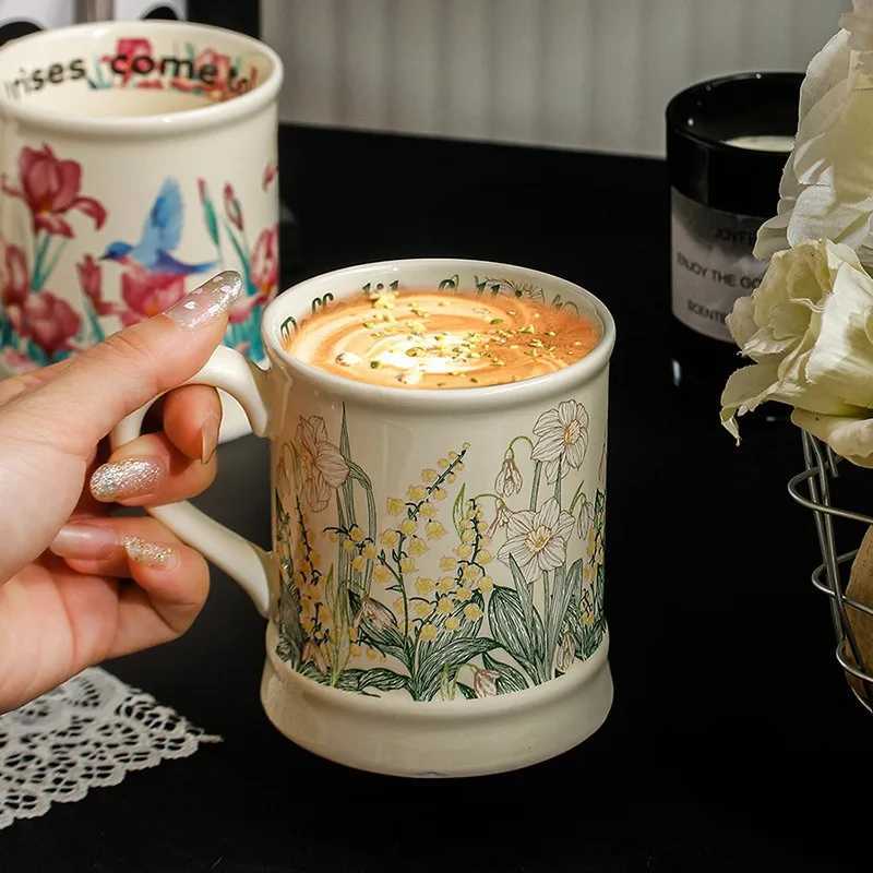 Flower Printed Ceramic Cup Aesthetic Flower and Bird Pattern Coffee Cup Household and Off Cup Utensils Retro Style H251215