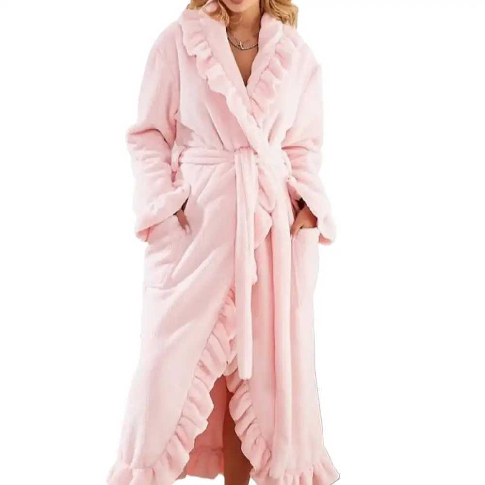 Pink Red Soft Warm Fleece Ruffle Robe Wedding Bathrobe Gown Women Dressing Sleepwear Mother Maid of Honor Kimono XSDZ-D336 C251216