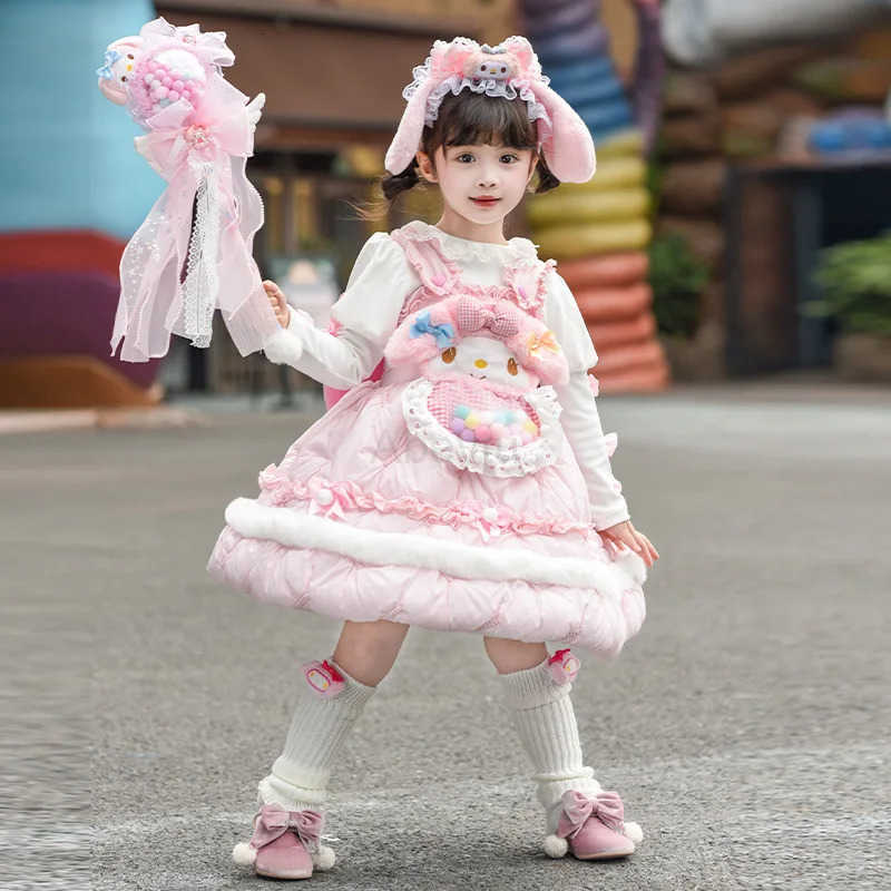 Sanrio Anime My Melody Thicken Lolita Princess Party Dress with Bow Decoration Girls Sweet Ruffled Tutu Skirt Winter Cotton Jacket Gift H251216
