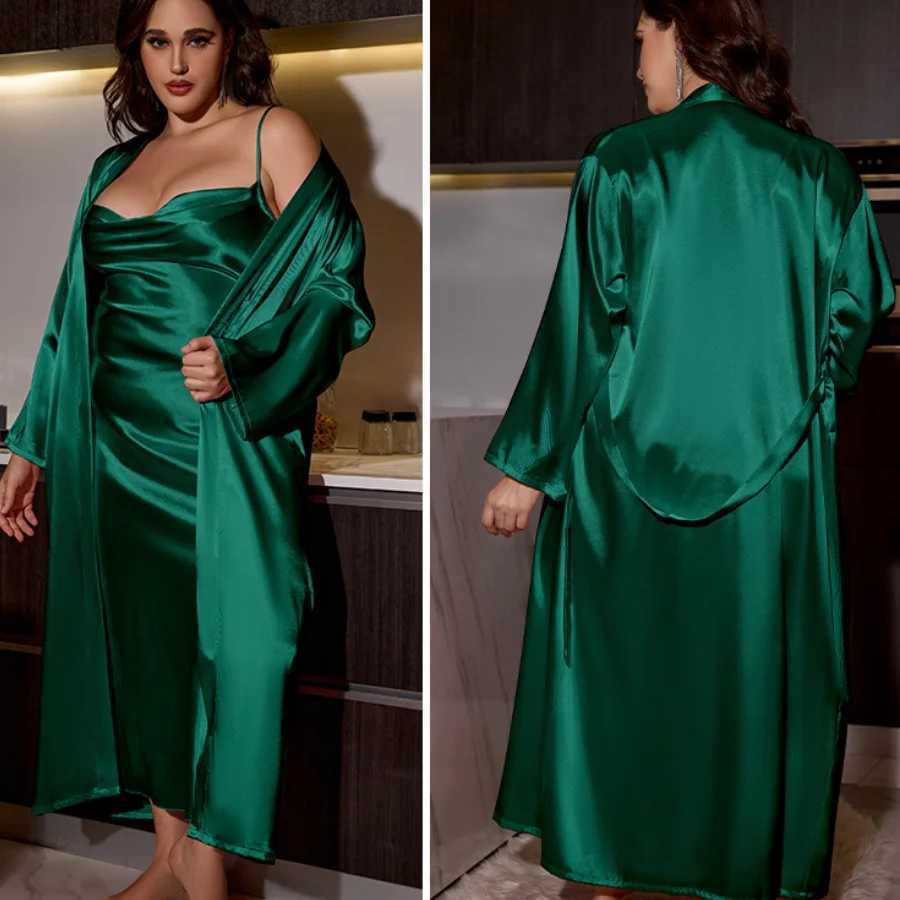 Plus Size 3XL 4XL 5XL NightyRobe Set Sexy Bride Long Wedding Bathrobe Dress Spring Summer New Sleepwear Loose Satin Home Wear C251216