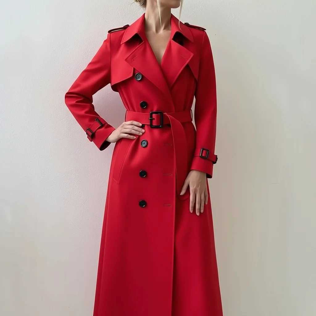 2025 Autumn/Winter New Red Classic British Style Trench Coat for Women Slim Fit Long Style Elegant and Goddess-like OuterwearT251216