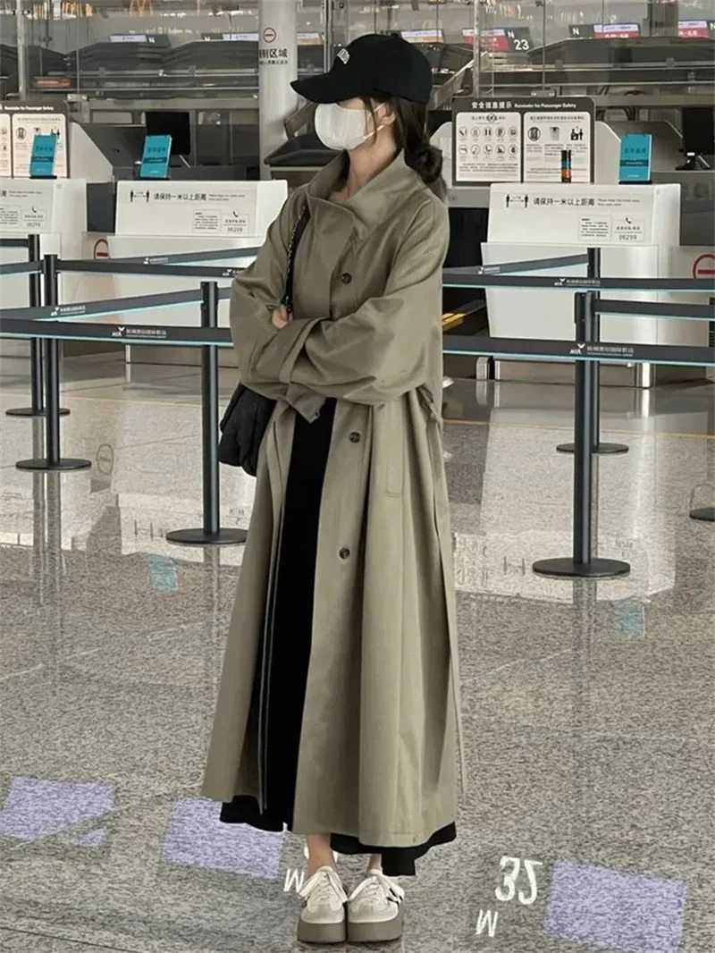 Korean Lazy Style Windbreaker Coat for Women 2024 Autumn New Style Loose Small High-end Casual Long Style Solid Color CommutingT251216