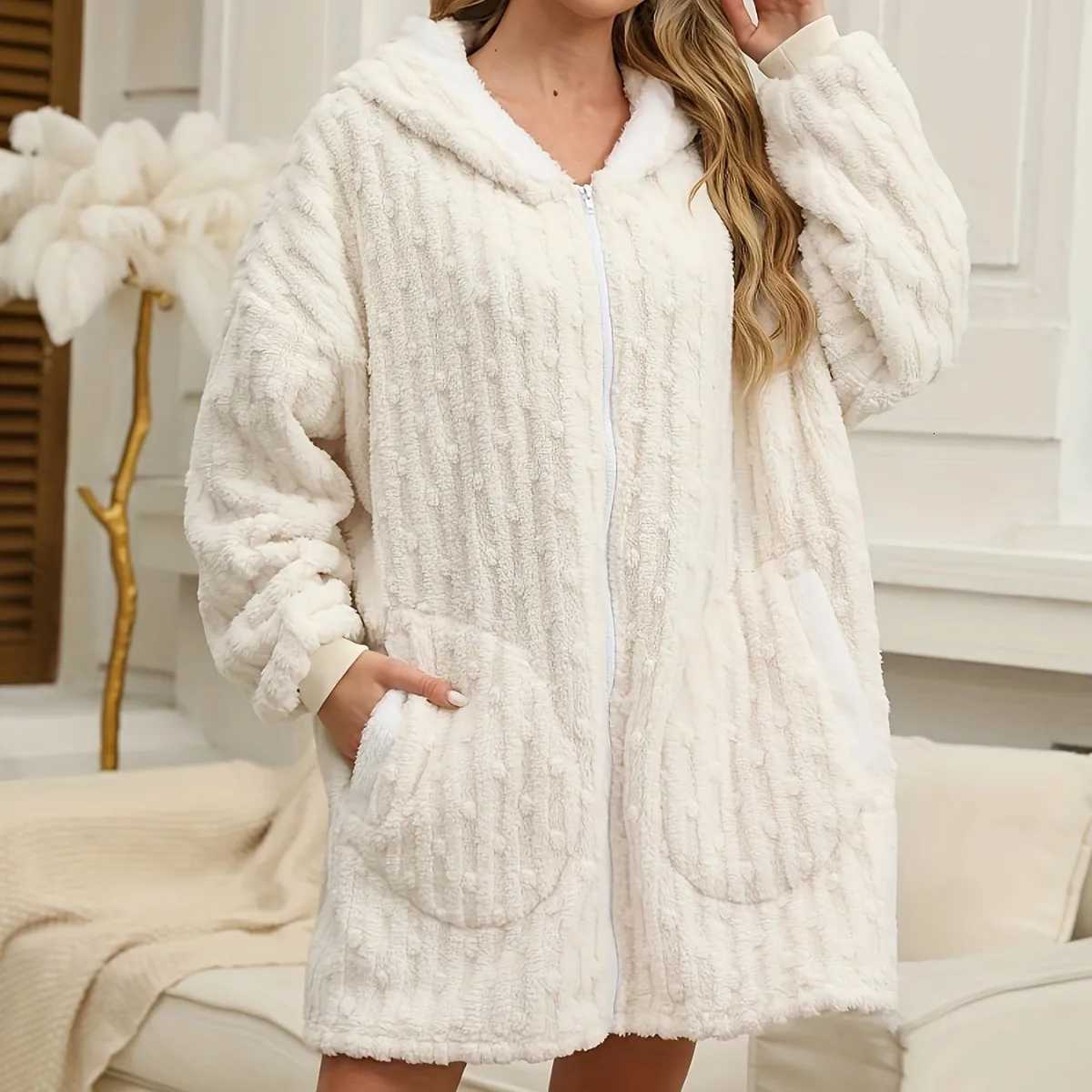 Autumn Winter Warm Flannel Nightgown Zipper Hooded Coral Fleece Sleepwear Bathrobe Gown Short Home Dress Loose Blanket Pajamas C251216