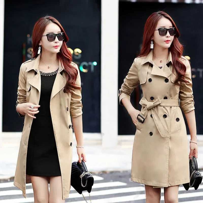 Women British Style Windbreaker Streetwear Double Breasted Trench Coats Elegant Autumn Winter Khaki Or Black JacketsT251216