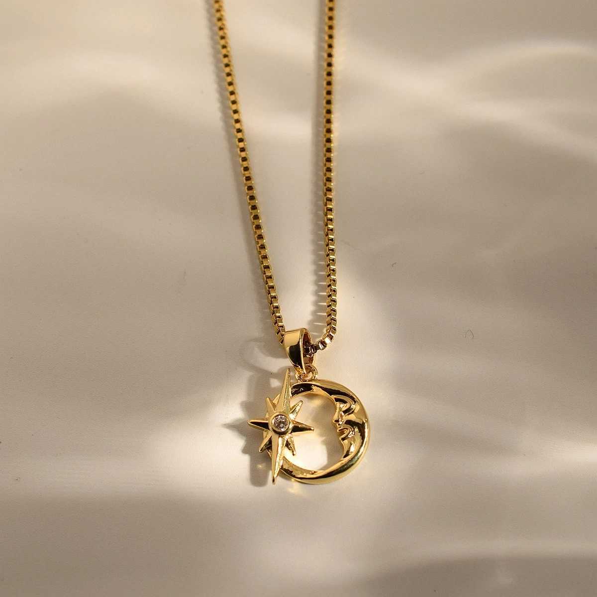 Golden Plated Moon Pendant Necklace Zircon Star Moon Clavicle Chain Necklace Female M251216