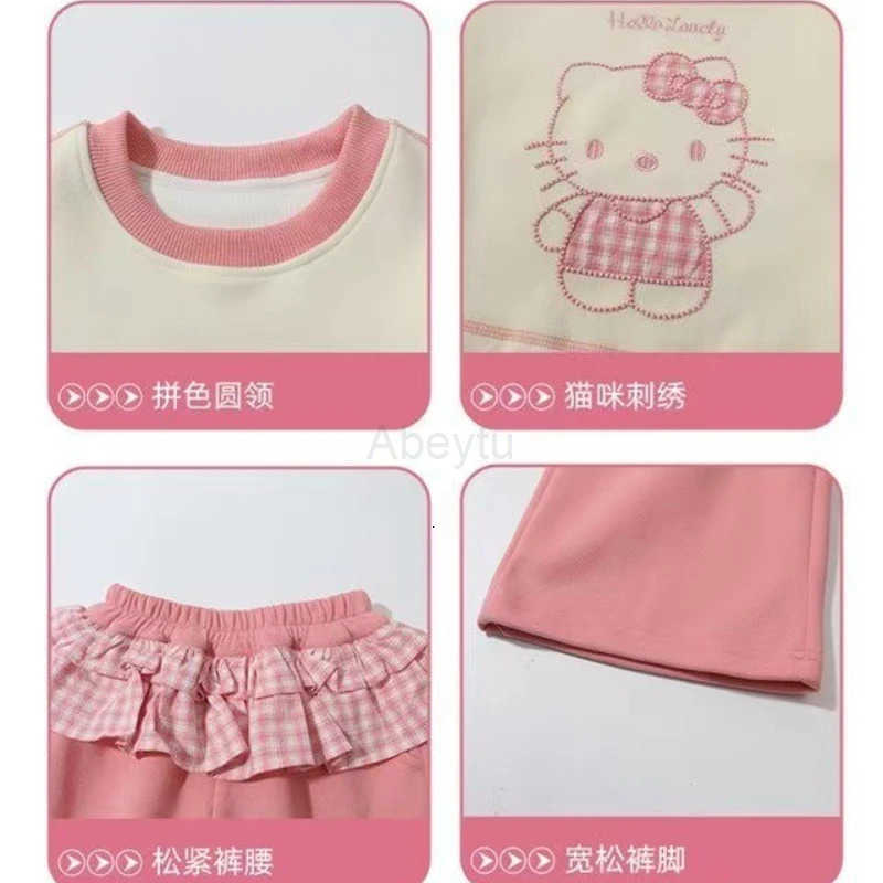 Sanrio Girl Clothes Set Autumn Kid Sweatshirts Pullover Hello Kitty Lace Trimmings TopPants 2pcs Suit Children Cute Tracksuits Outfit H251216