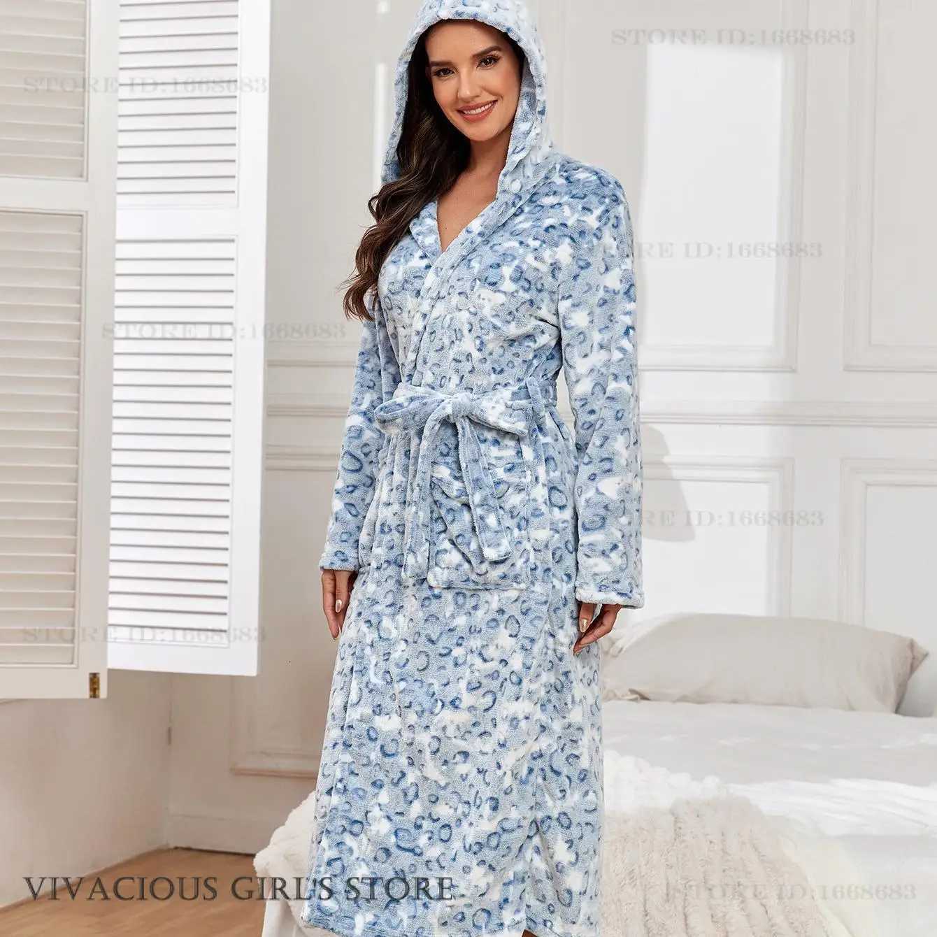 Thicken Flannel Hooded Long Robe Kimono Bathrobe Gown Autumn Winter Women Sleepwear Home Dress Sexy Leopard Negligee Loungewear C251216