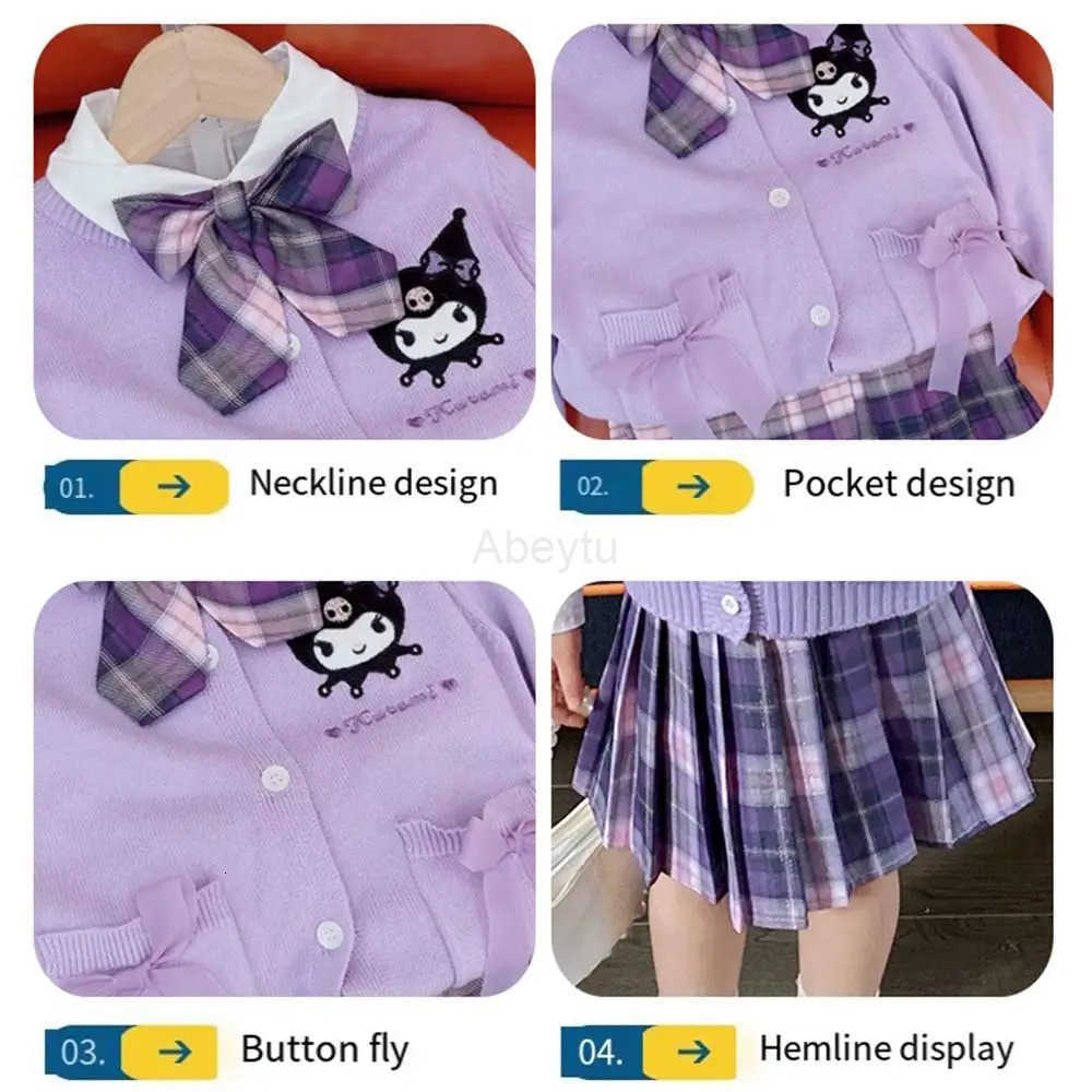 Sanrio Anime Kuromi My Melody 3Pcs Childrens Suit Jk Plaid Skirt Sanrioes College Style Set Cardigan Pleated Skirt Kids Spring Autumn H251216