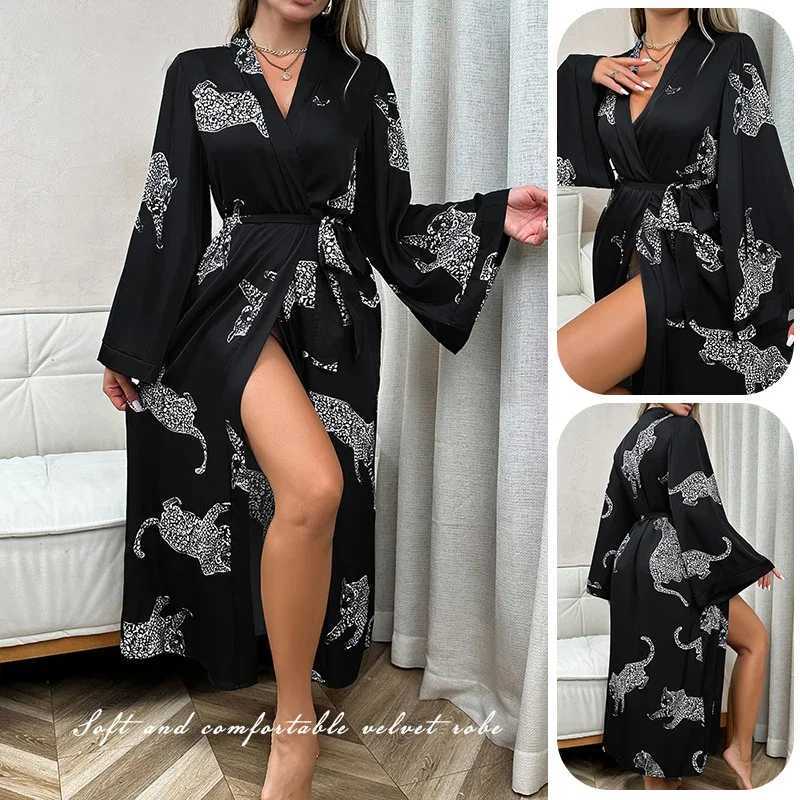 Long Satin Bathrobe Long Sleeve V Neck Belt Night Robe Cheetah print Night Dress Winter Warm Sleepwear Wedding Gifts For Women C251216