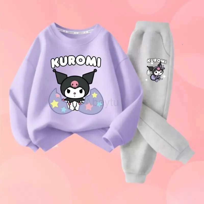 Sanrio Girls Cartoon Kuromi Print Long Sleeved T-shirts and Solid Color Pant 2Pcs Childrens Fashion Sweatshirt Sweatpants Set Wear H251216