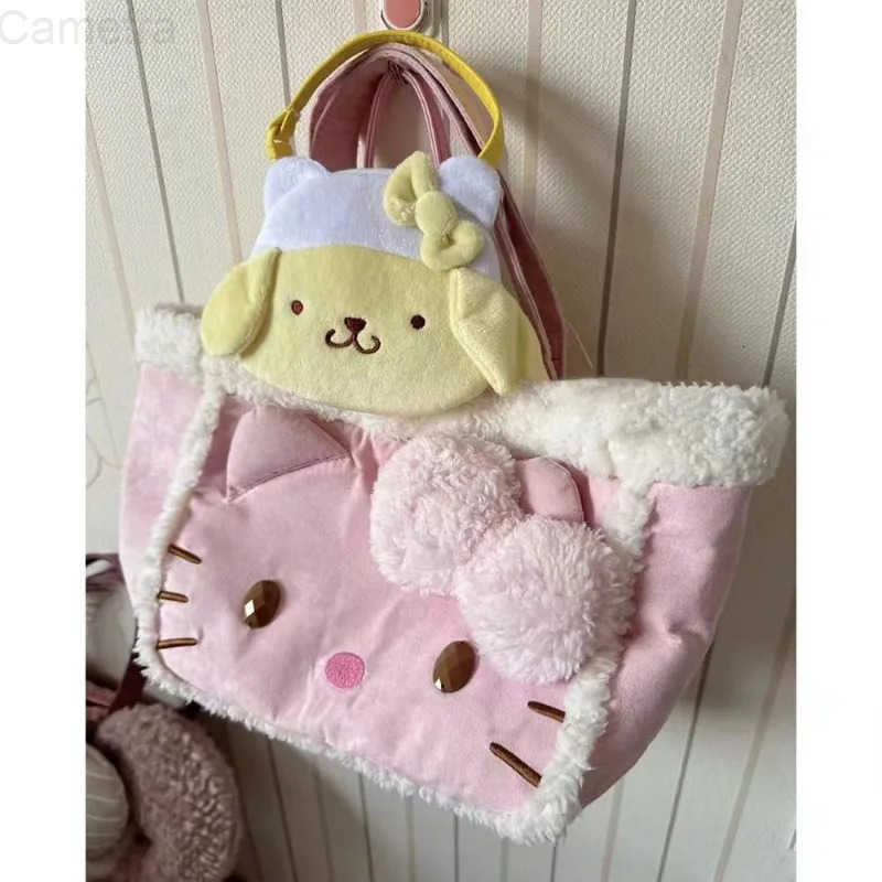 Sanrio Kawaii Hello Kitty Plush Bag Cartoon Soft Stuff Handbag Women Tote Shoulder Bags Fashion Casual Y2k Large Capacity Plushies Bag H251216