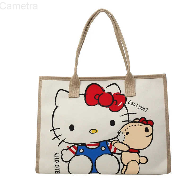 Sanrio Hello Kitty Canvas Bag Tote Bag Shoulder Storage Makeup Pouch Anime Handbag Travel Shopping Bag Kid Schoolbag Girl Gift H2512161