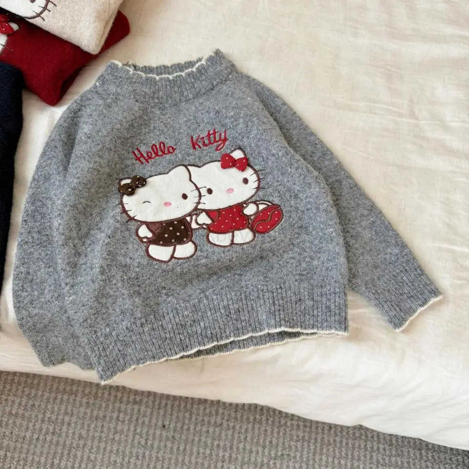 Sanrio Hello Kitty Girls Sweater Cartoon Kt Cat Pullover Knitting Thicken New Korean Version Childrens Sweater Autumn Winter H251216