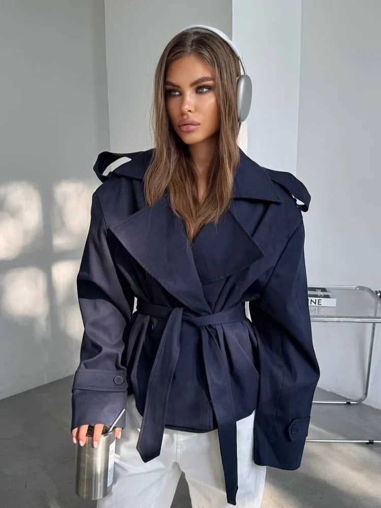 Fashion Lace up Cropped Trench Coat Women Lapel Long Sleeves Wide Shoulder Windbreaker Jacket Fall Commuting Daily Jackets 2025T251216