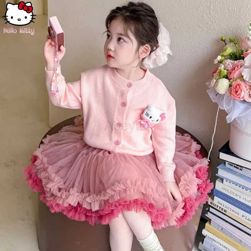 Sanrio Anime Cartoon Girls Clothing Hello Kitty Kuromi Knitted Cardigan Puffy Skirt Suit Kawaii New College Style Tutu Skirt2Pcs H251216