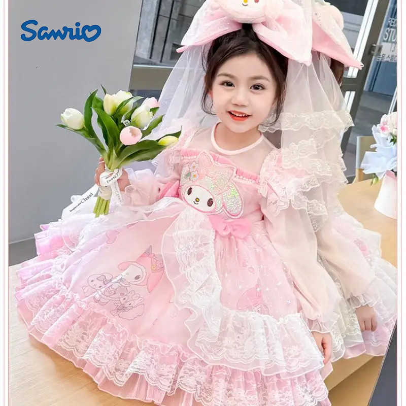 Sanrio Y2K Girl Dress My Melody Cinnamoroll Kawaii Anime Fashion Children Long Sleeves Lace Princess Dress Children Clothing New H251216