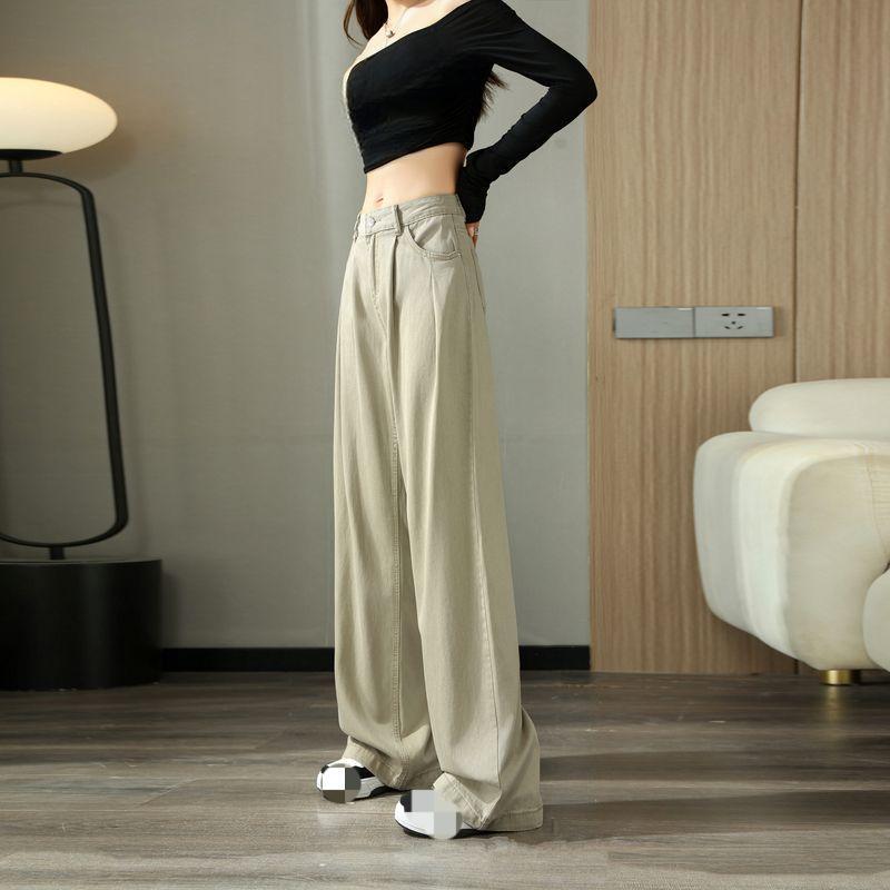 Women's Khaki Wide-Leg Jeans - Pleat-Draped Loose Straight Floor-Length Pants---7945---2