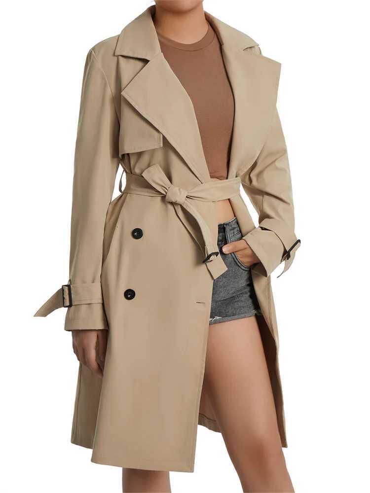 Women Fashion Long Trench Coats Solid Color Double-breasted Belted Windbreaker Fall Jackets OuterwearT251216