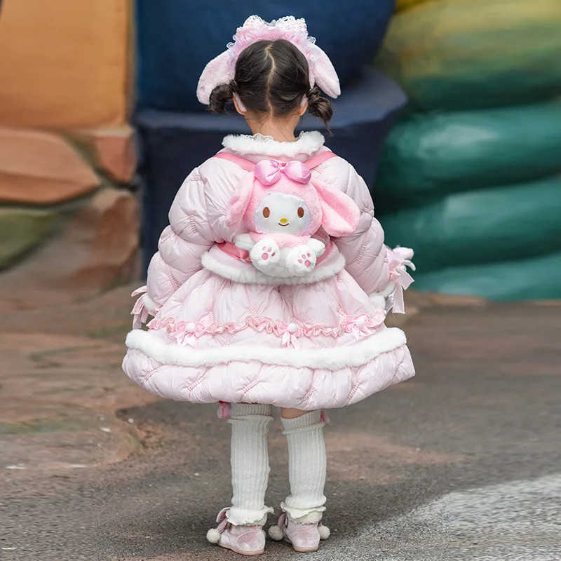 Sanrio Anime My Melody Thicken Lolita Princess Party Dress with Bow Decoration Girls Sweet Ruffled Tutu Skirt Winter Cotton Jacket Gift H251216
