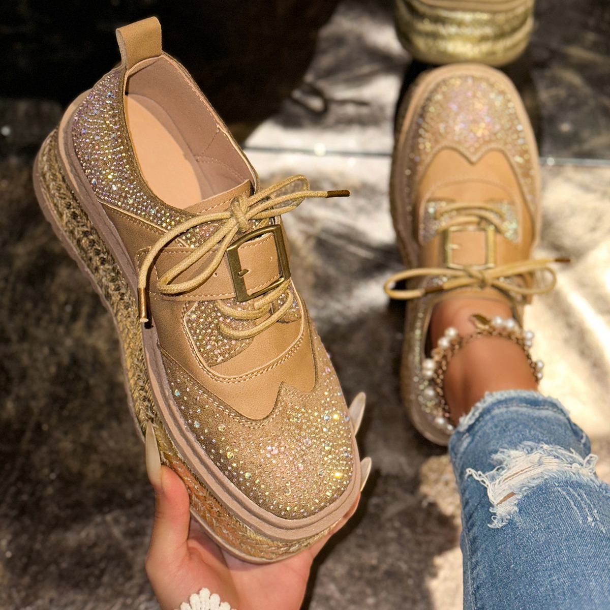 Women Luxury Sneakers Outdoor Platform Female Sneakers Women Fashion Luxury Rhinestone Ladies Shoes Hemp Sole Height Increasing Women's Shoes Zap